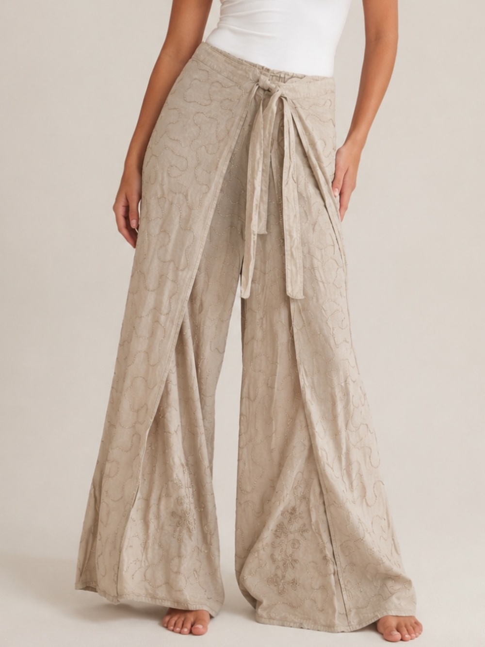 Ganesh - Embroidered Linen Wrap Pants Wide Leg Boho Resort Neutral Beige - SzSM